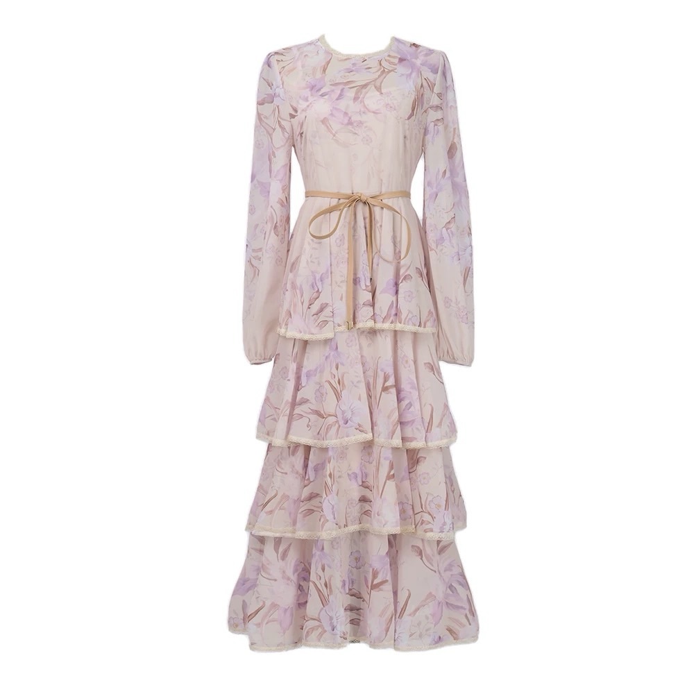 Designer-style Floral Ruffle Maxi Dress with Belt